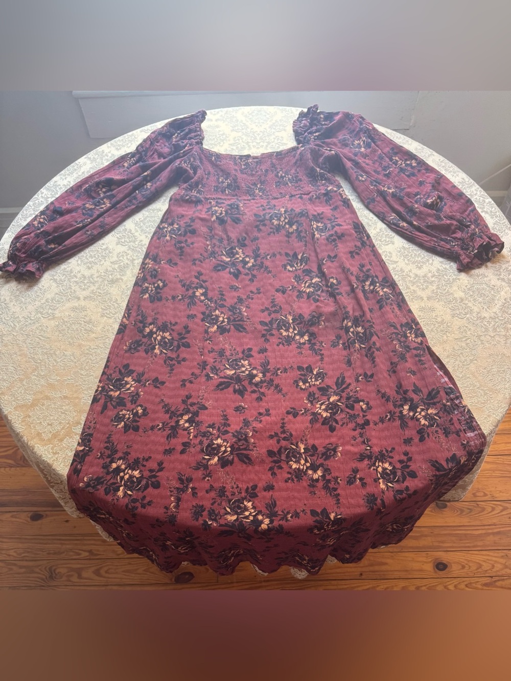 Free People Burgundy and Black Smocked Floral Dress